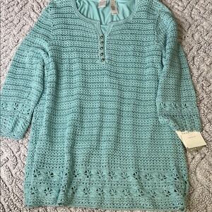 Emma James Light Teal Crochet Knit Top